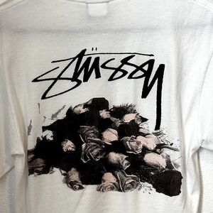 Stussy White Logo Shirt with Roses (Size Small)